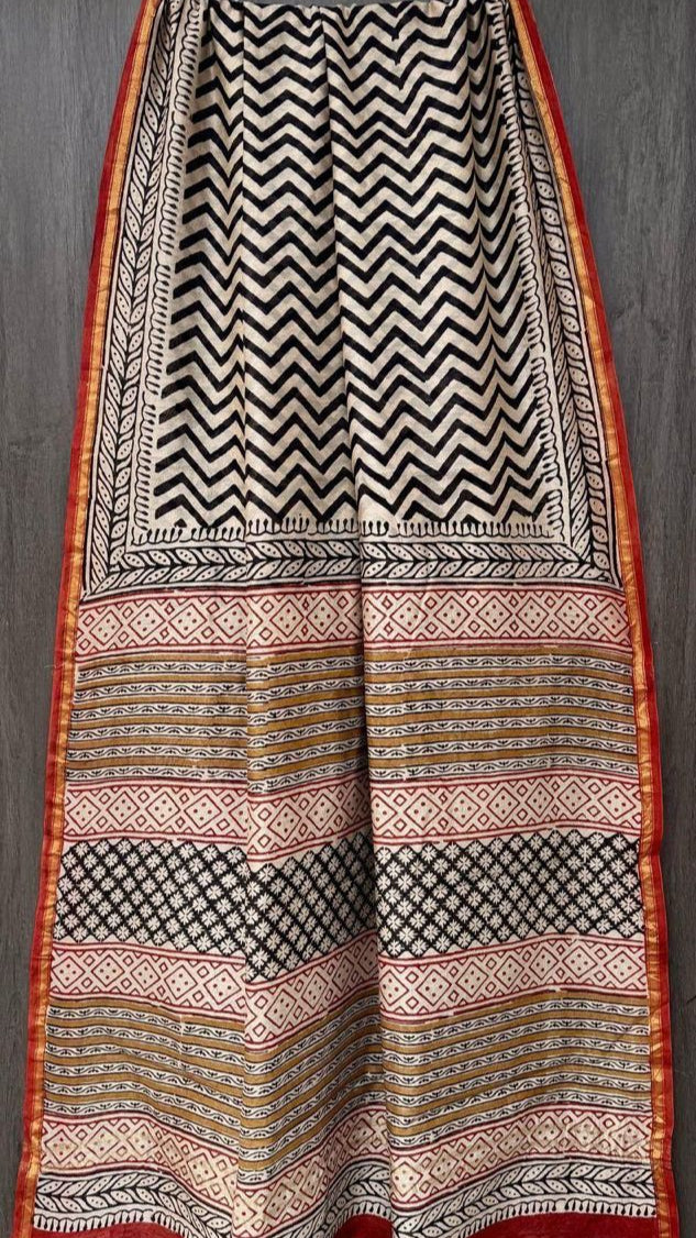 Black Zig zag print Chanderi silk saree