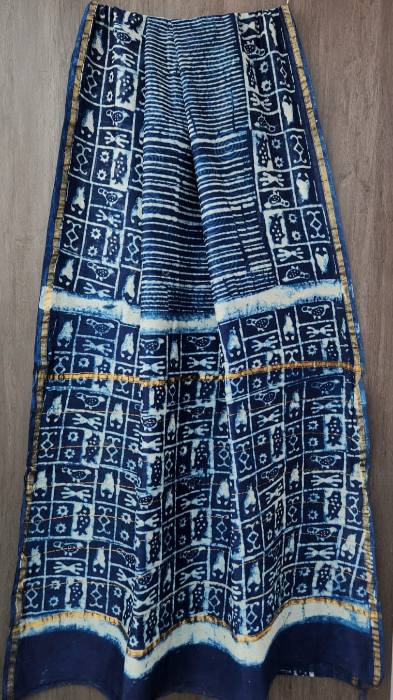 Indigo & white Chanderi silk saree