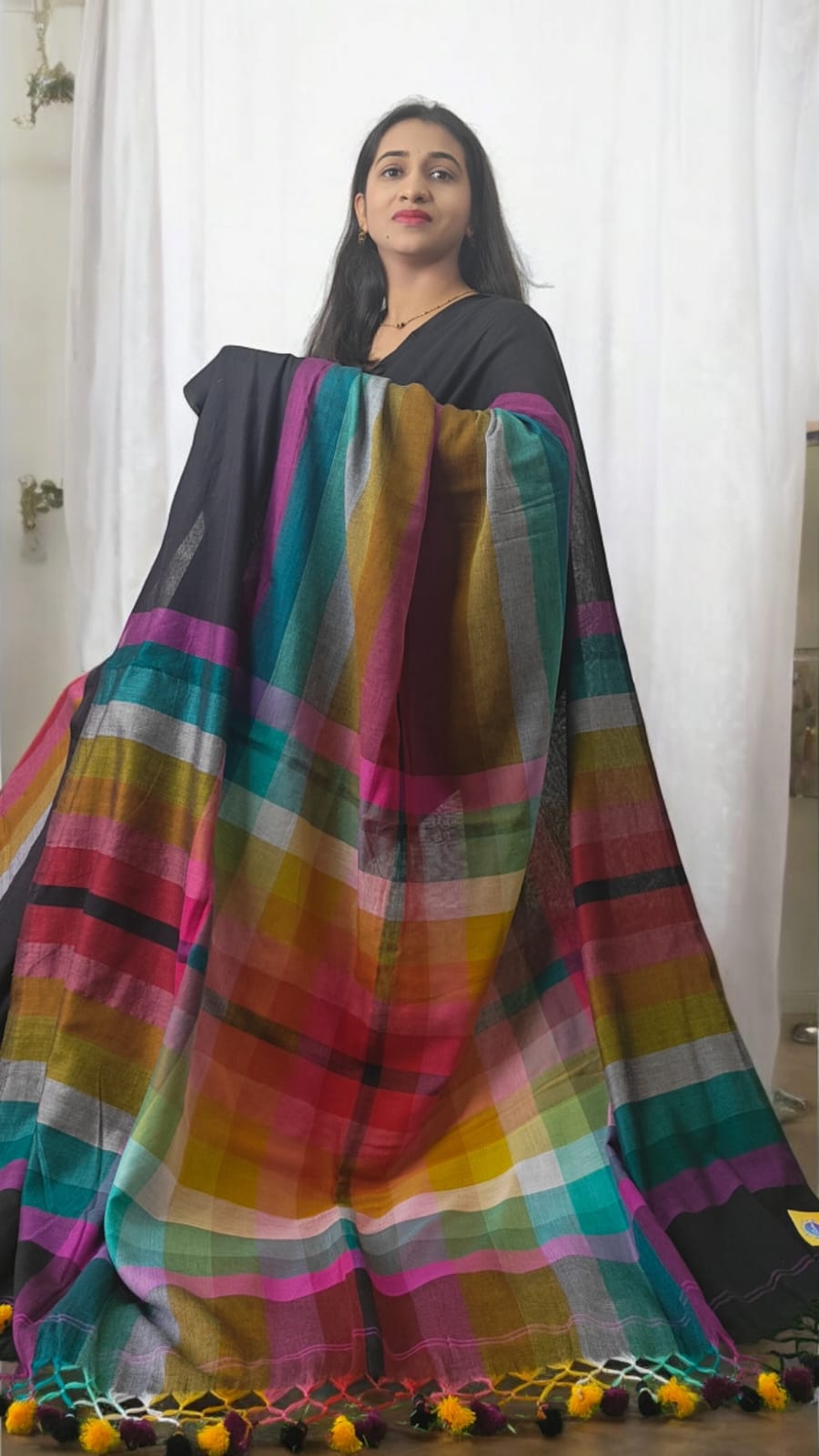 Rainbow  black multi color Mul cotton saree