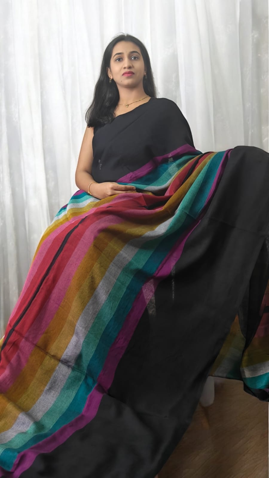 Rainbow  black multi color Mul cotton saree