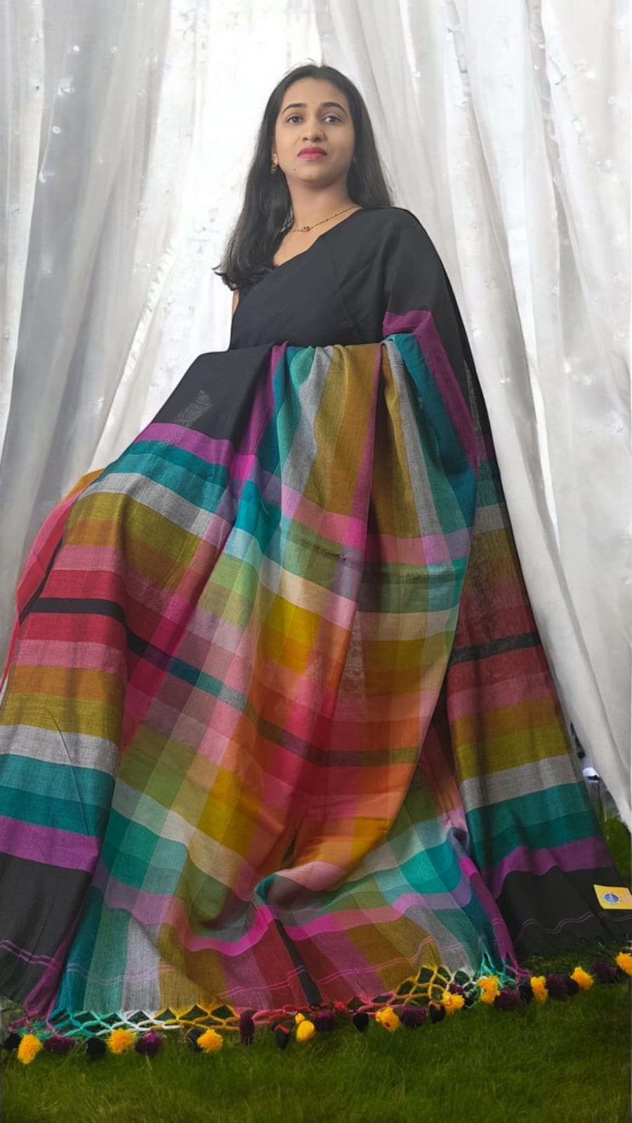 Rainbow  black multi color Mul cotton saree