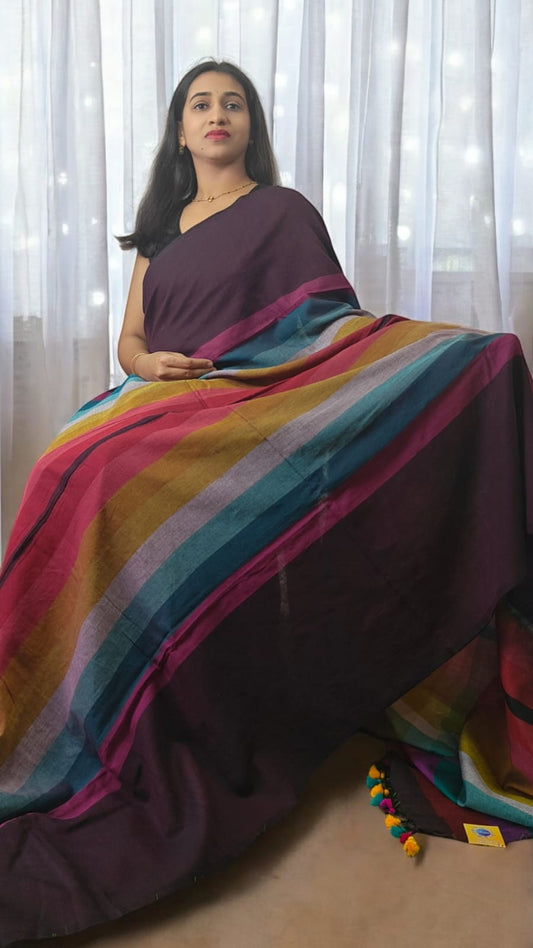 Rainbow Deep purple multi color Mul cotton saree