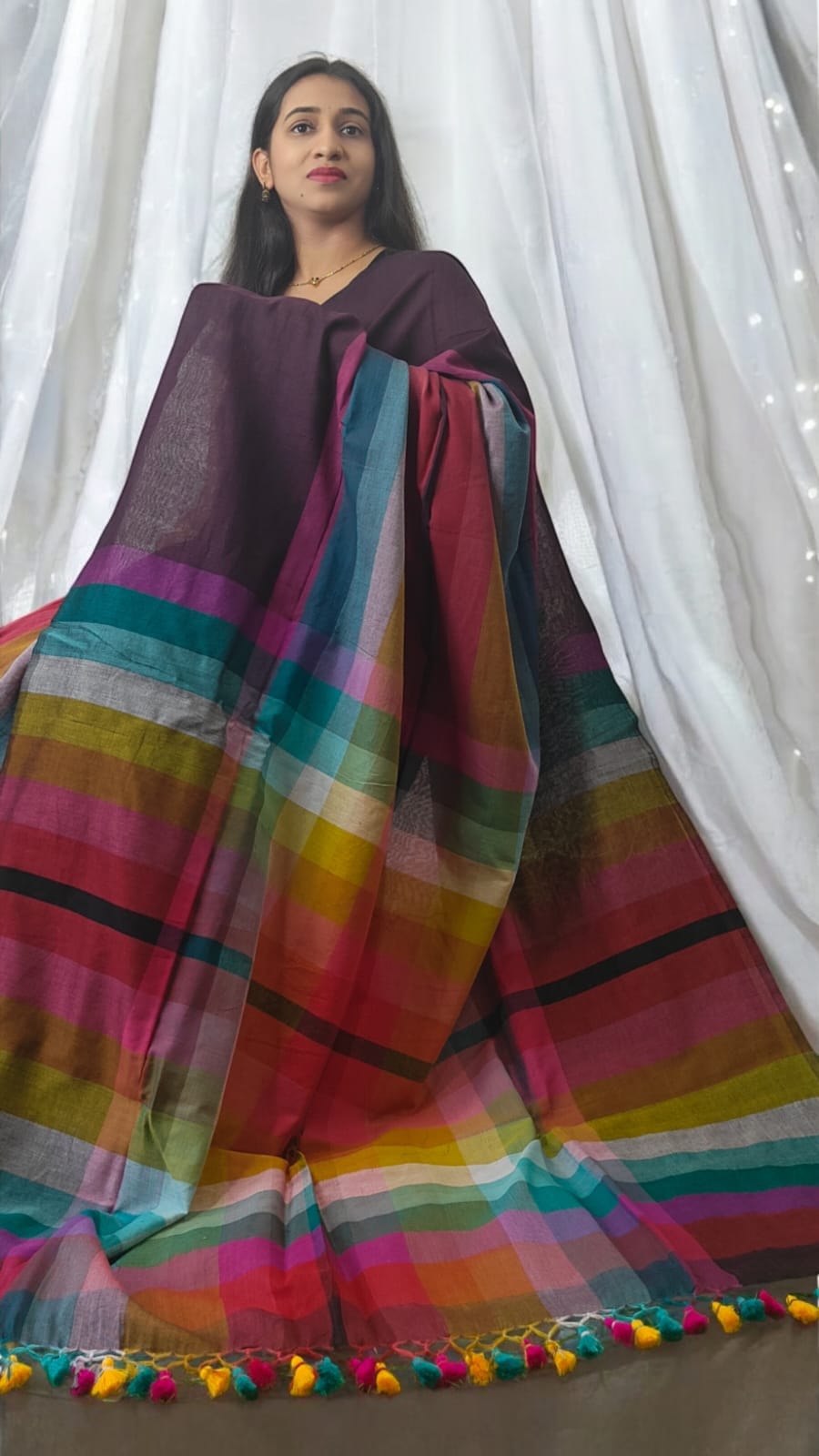 Rainbow Deep purple multi color Mul cotton saree