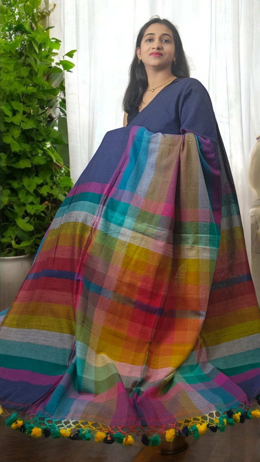 Rainbow dark Blue Multi color mul cotton saree