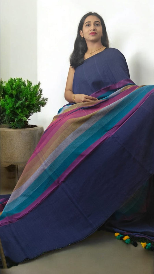 Rainbow dark Blue Multi color mul cotton saree