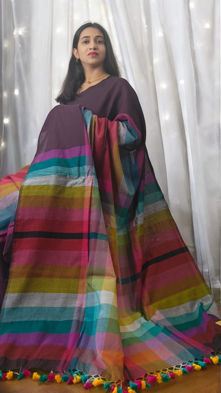 Rainbow Deep purple multi color Mul cotton saree