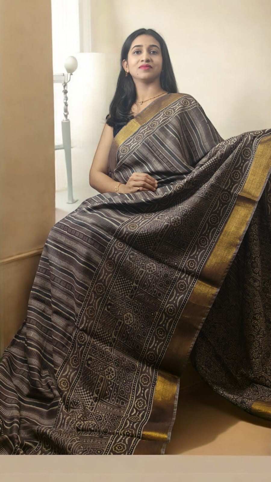 Ajrakh block print Lenin cotton sarees