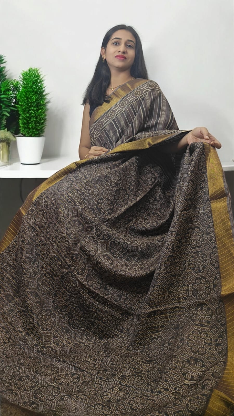 Ajrakh block print Lenin cotton sarees