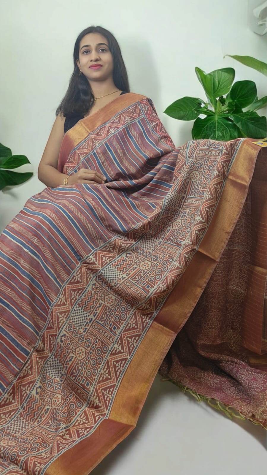 Ajrakh block print cotton Lenin sarees