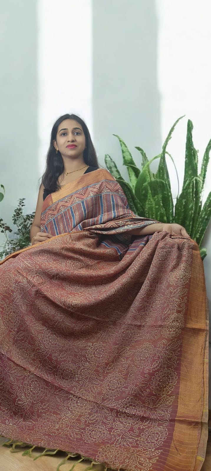 Ajrakh block print cotton Lenin sarees