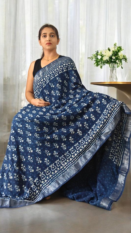 Aarna Indigo block print Lenin saree