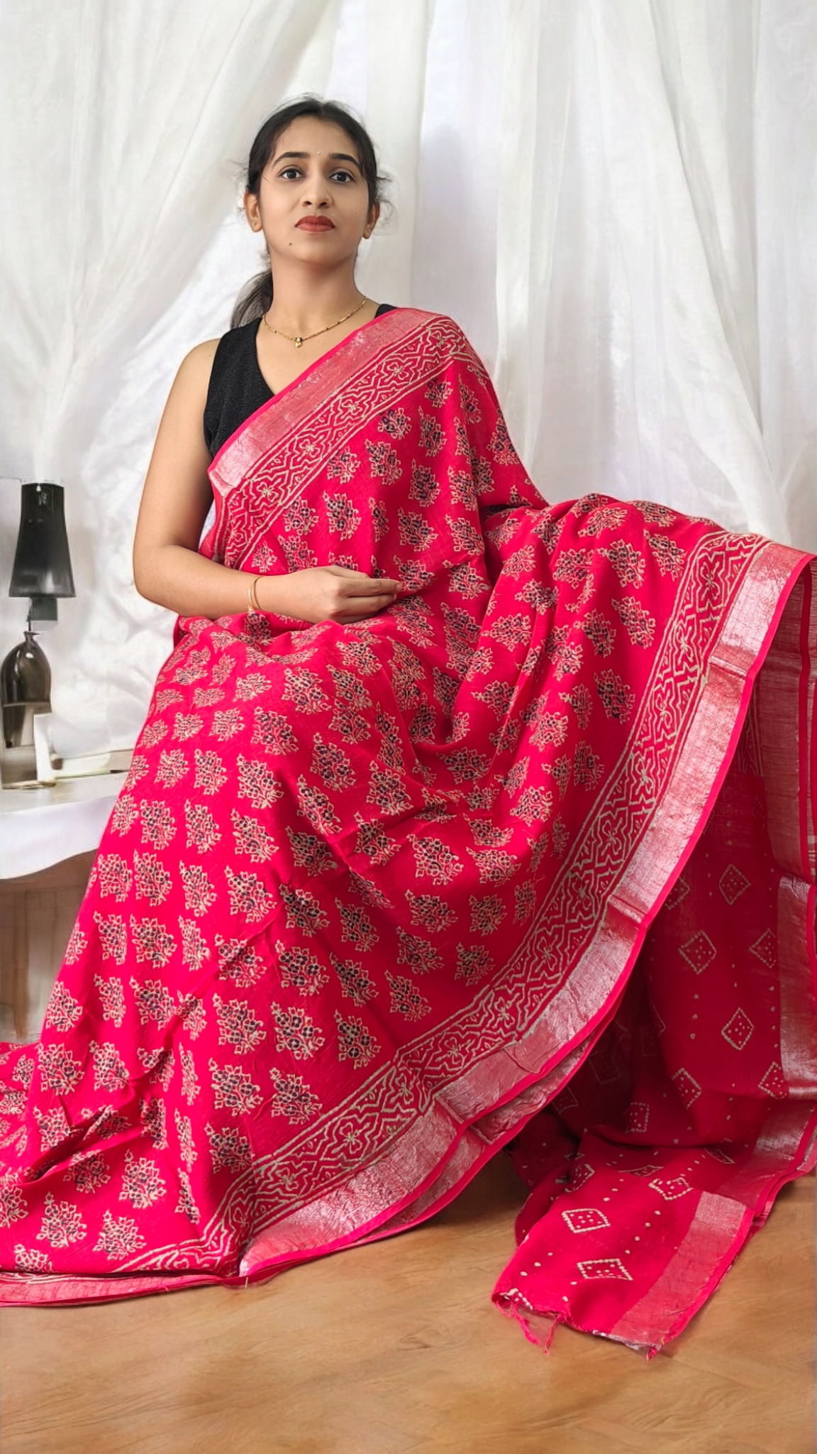 Aarna Red Block printed Lenin Saree