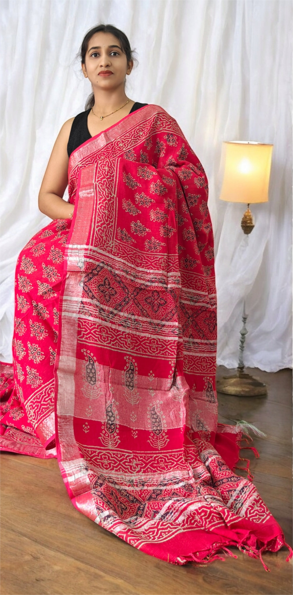 Aarna Red Block printed Lenin Saree