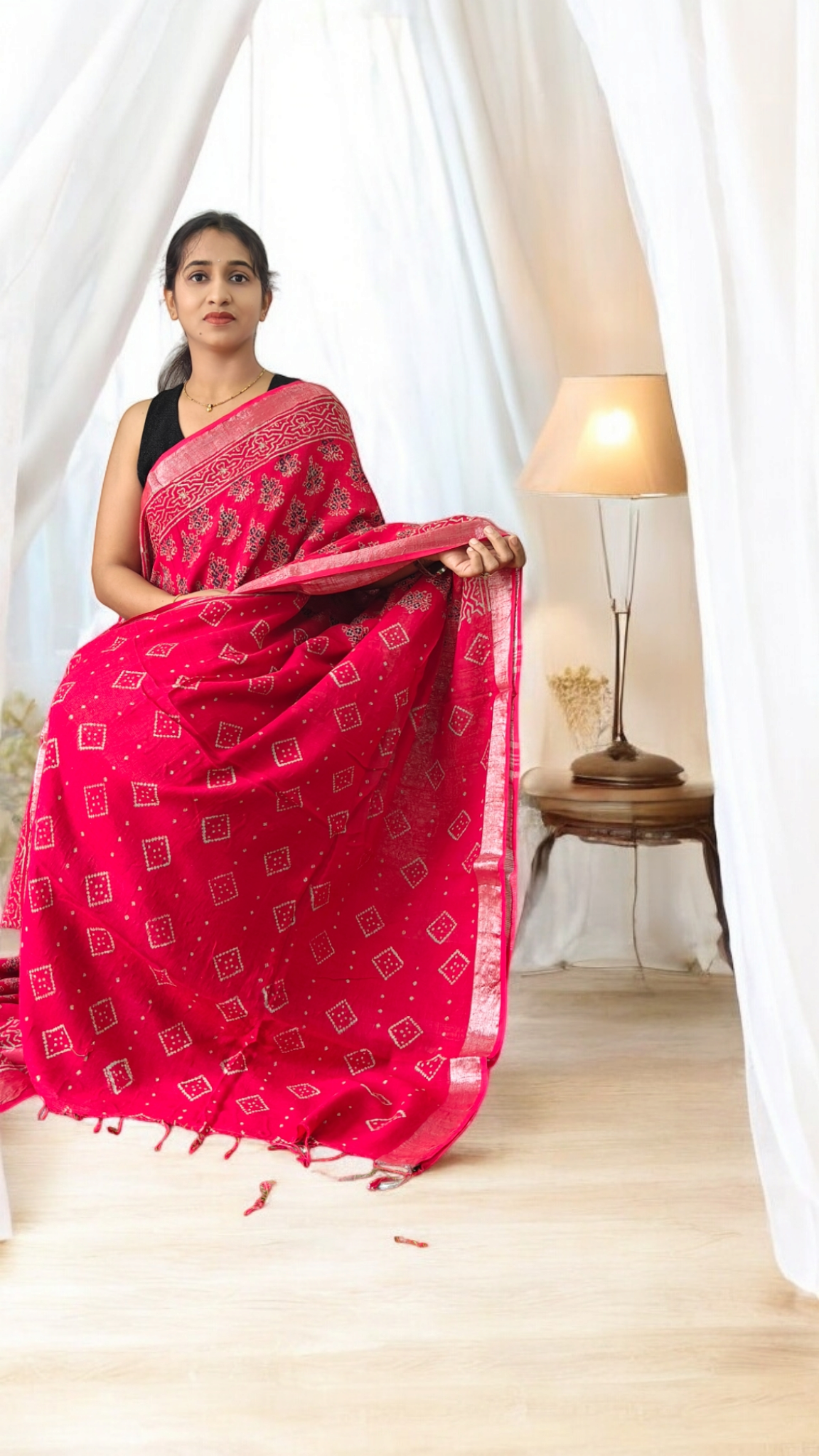 Aarna Red Block printed Lenin Saree