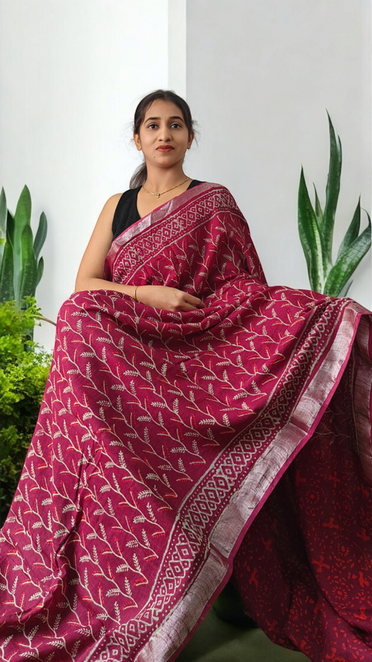 Aarna Dark Maroon Lenin saree