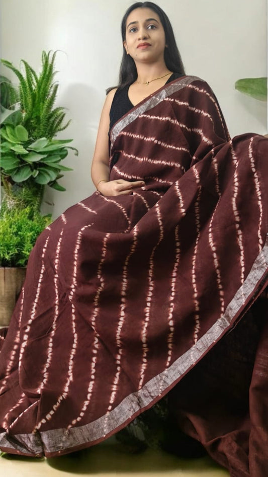 Aarna Brown Hand block Lenin saree