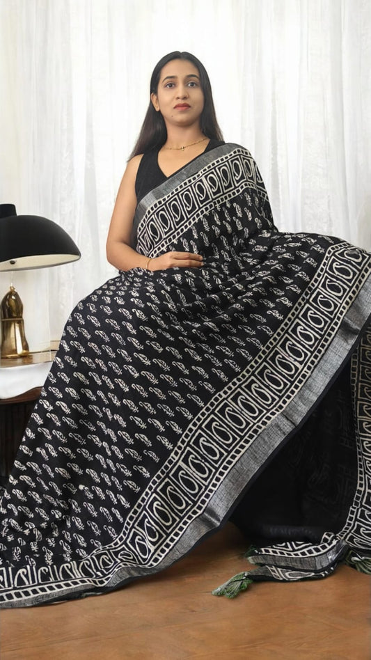 Aarna Black Hand block Lenin saree