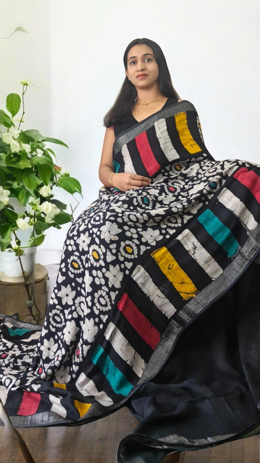 Aarna Multi color Hand block Lenin saree