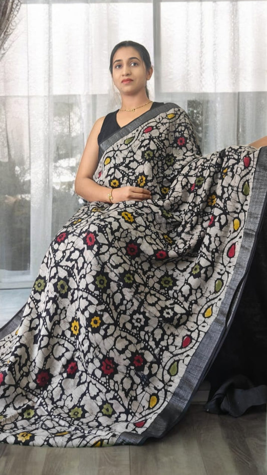 Aarna Grey hand block Lenin saree