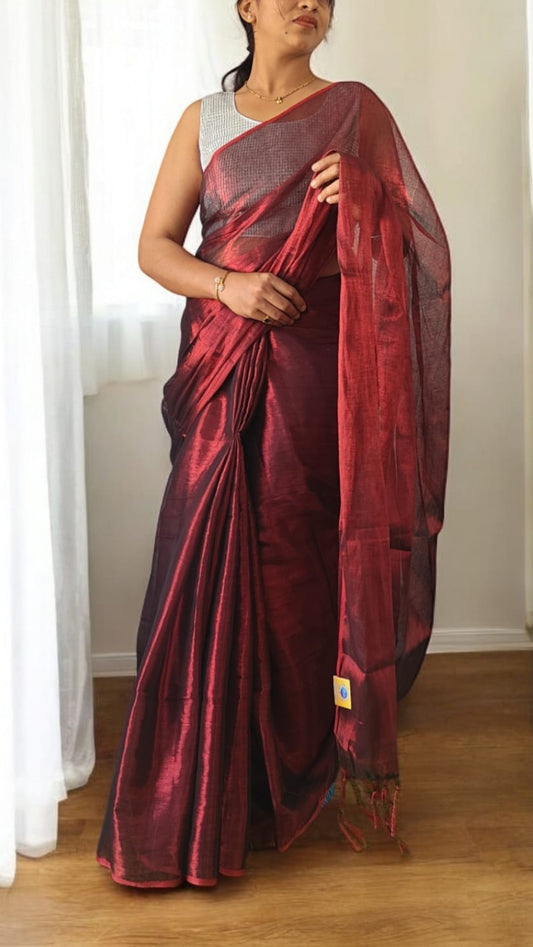 Metallic Deep Maroon Lenin Saree