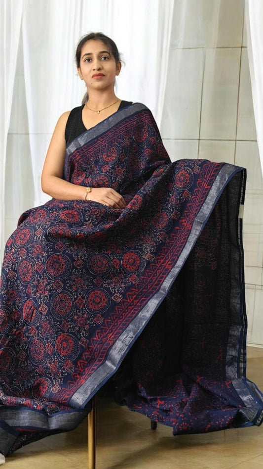 Aarna Navy Blue Lenin saree