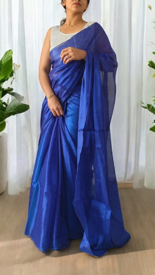 Metallic Dark Blue Lenin tissue saree